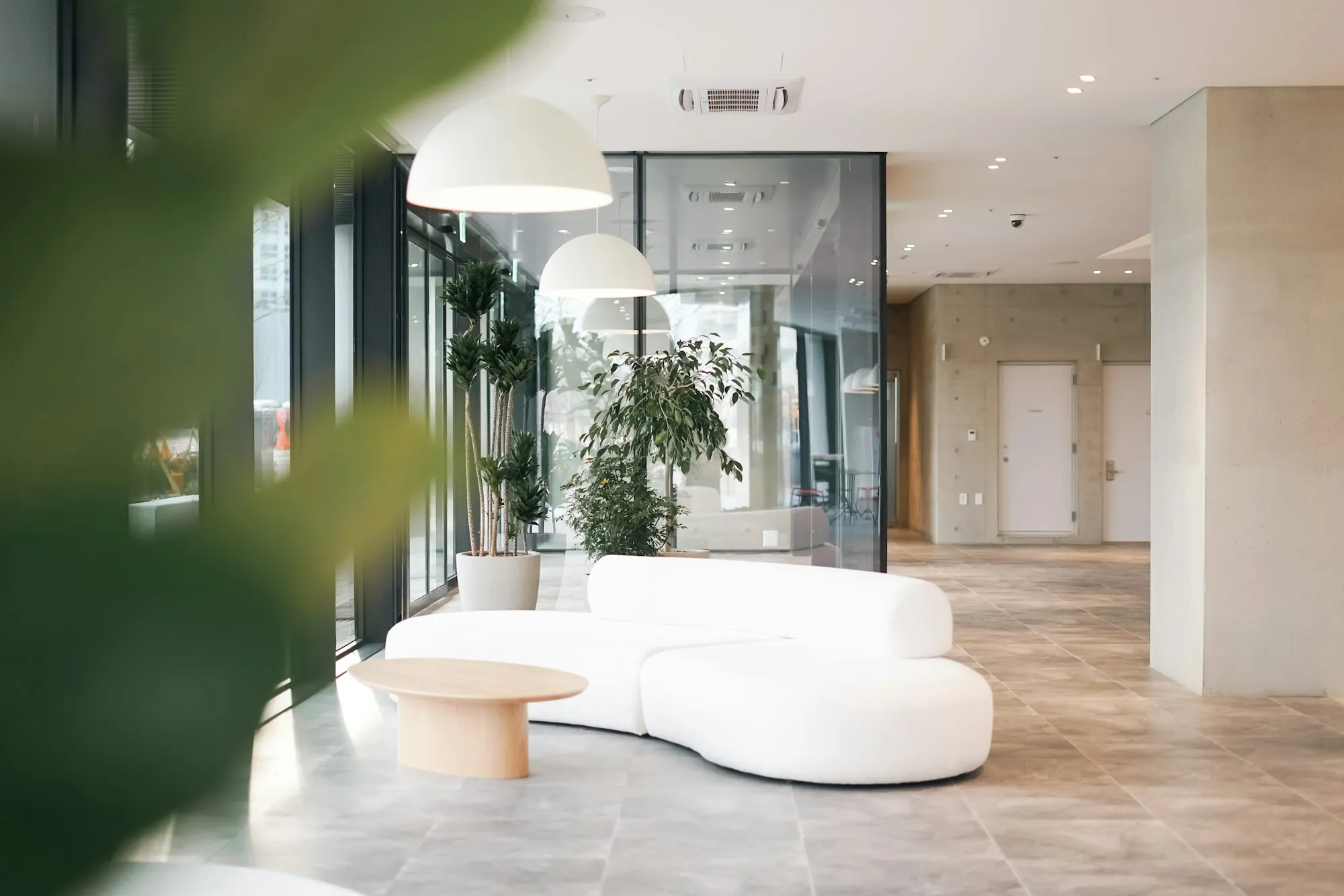 Bright lobby with a curved white sofa and plants